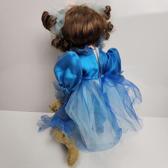 Sweet Ballerina with Teddy Bear 18" Dressed in Blue Satin & Tulle Porcelain Doll - Picture 5 of 14
